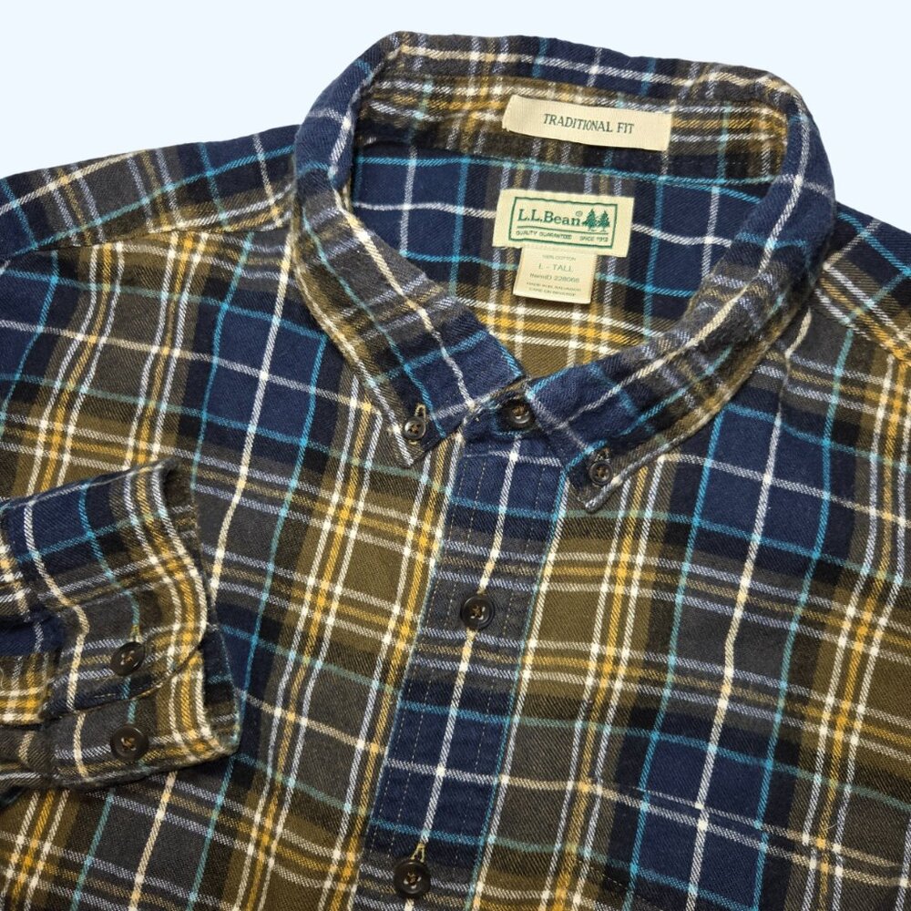 LL Bean Traditional Fit Flannel Shirt Mens LT Large Tall Plaid Blue Green 228066